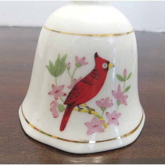 Vtg Red Bird Dinner Bell Cardinal Christmas Porcelain Pink Flowers - Picture 3 of 9